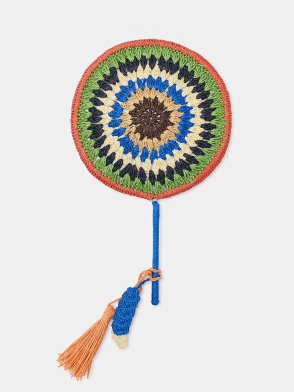 Zara Crochet Knit Braided Tassel Hand Fan Decor Costume Blue Orange Green Black